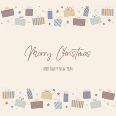 Christmas present boxes on a background with wishes. Xmas greeting card. Vector