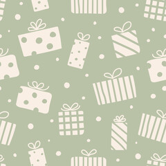 Christmas pattern with hand drawn present boxes. Xmas wrapping paper concept. Vector