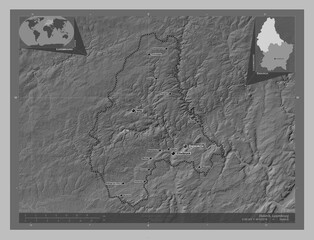 Diekirch, Luxembourg. Grayscale. Labelled points of cities