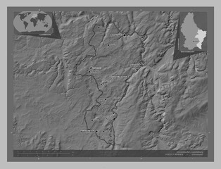 Grevenmacher, Luxembourg. Grayscale. Labelled points of cities