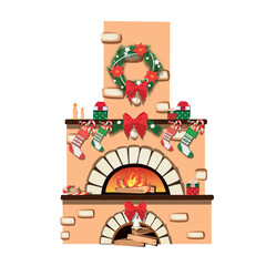 Old stone fireplace decorated for Christmas. Merry Christmas and New Year. Element of architecture and interior. Vector illustration in cartoon style.
