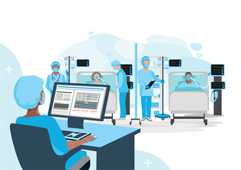 A nurse monitors the health status of patients through a monitor in a modern intensive care unit where nurses take care of the sick. Thank you nurses and doctors. Medical technology and life saving. - obrazy, fototapety, plakaty