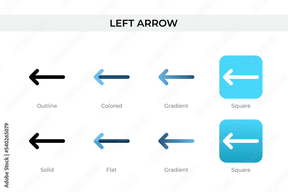 Poster left arrow icon in different style. left arrow vector icons designed in outline, solid, colored, gra
