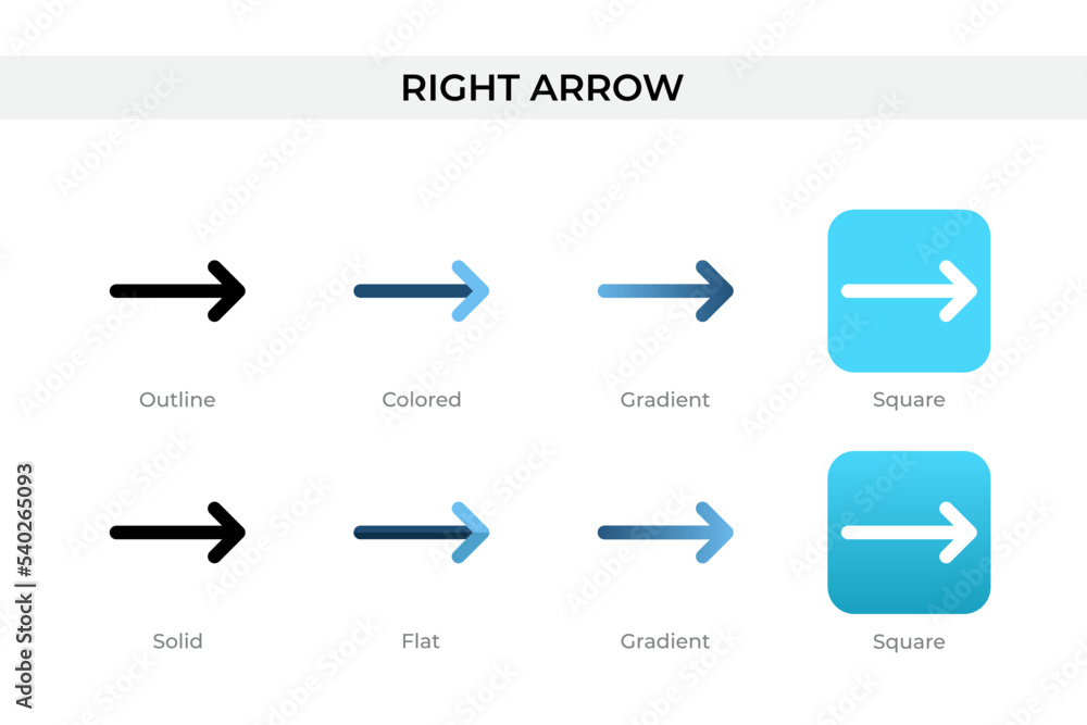 Poster right arrow icon in different style. right arrow vector icons designed in outline, solid, colored, g