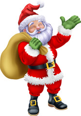 A cartoon of Santa Claus or father Christmas holding a sack or bag of gifts