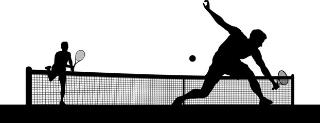 Tennis match silhouette scene with men players playing across net scene