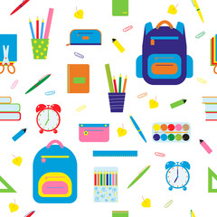 School stationery set. Seamless pattern on a white background.	