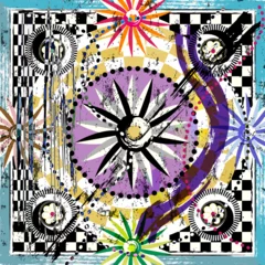 Zelfklevend Fotobehang abstract geometric background pattern, with squares, flowers, dots, circles, paint strokes and splashes, mosaic tile © Kirsten Hinte