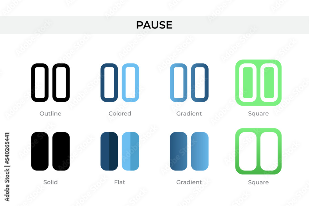 Poster pause icon in different style. pause vector icons designed in outline, solid, colored, gradient, and