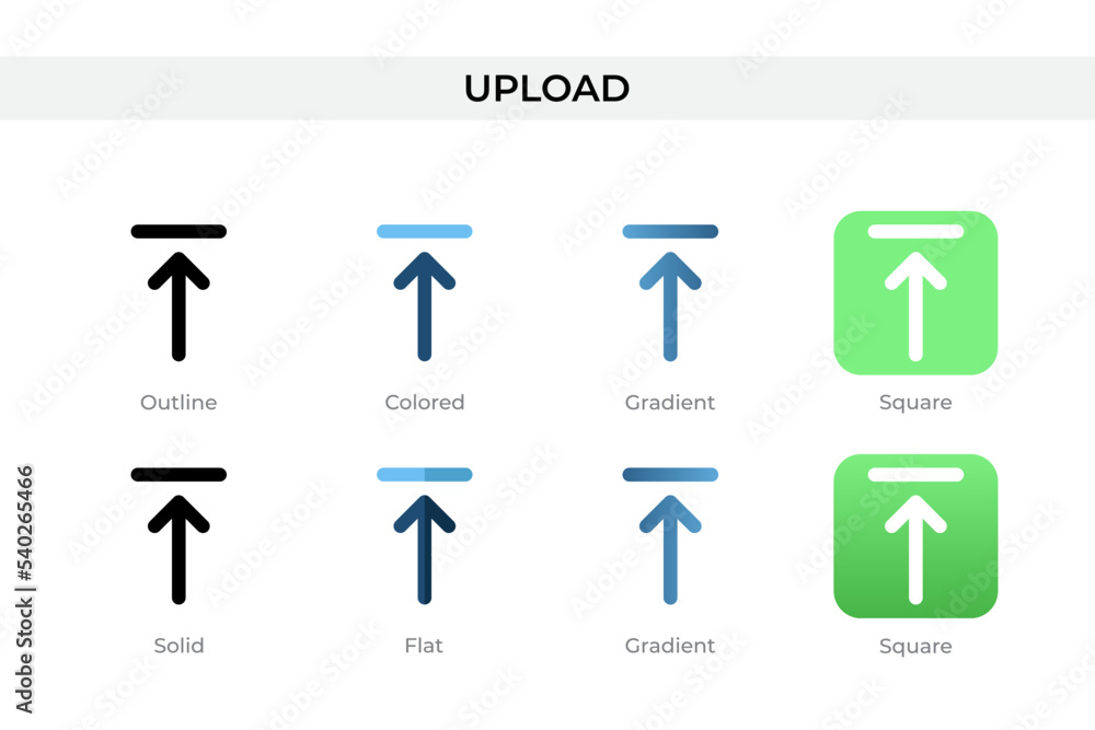 Poster upload icon in different style. upload vector icons designed in outline, solid, colored, gradient, a