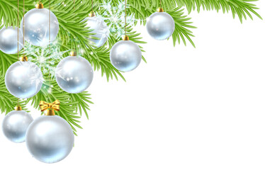 Christmas Tree background with silver balls or baubles ornament decorations