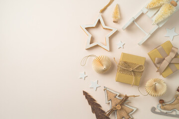 Christmas concept with Scandinavian style, cozy eco friendly ornaments and decorations on bright background. Top view, flat lay