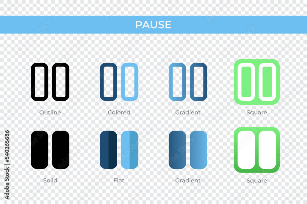 Poster pause icon in different style. pause vector icons designed in outline, solid, colored, gradient, and