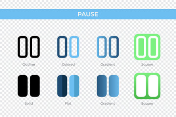 Pause icon in different style. Pause vector icons designed in outline, solid, colored, gradient, and flat style. Symbol, logo illustration. Vector illustration