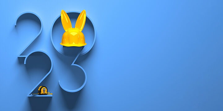 Yellow protective helmet with rabbit ears. Creative 2023 New Year design template on engineering, construction, building and maintenance theme. 3d render illustration for a greeting card or banner.