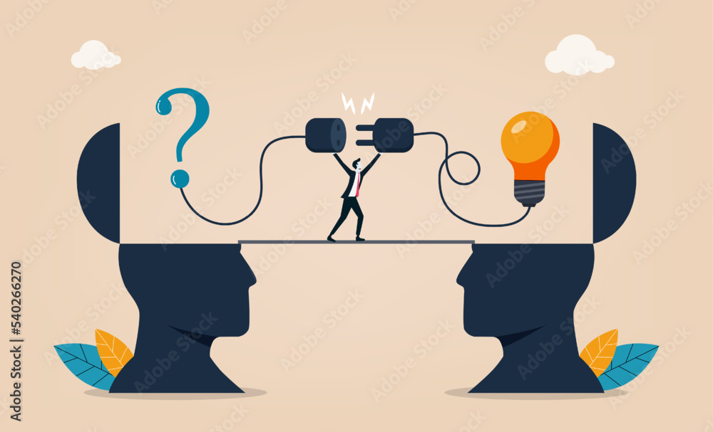 Poster businessman connect question mark with lightbulb solution. solution for problem, creative idea and i