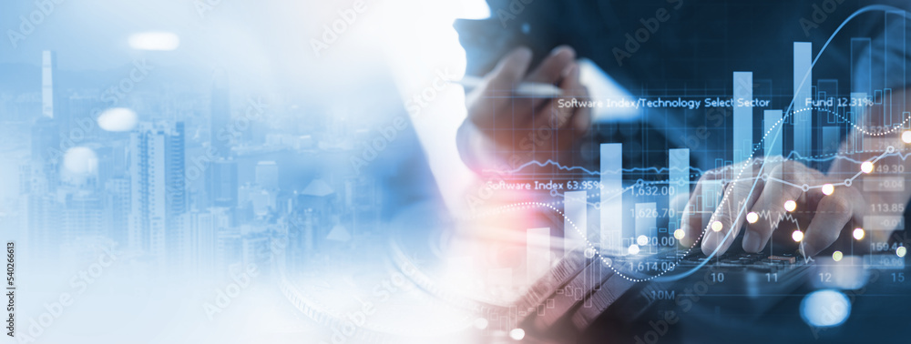 Aufkleber businessman, finance analyst using calculator to calculate and analyzing financial data graph growth