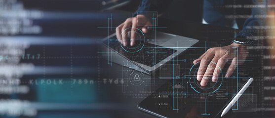 Data protection privacy concept. Cyber security network, Big data management. Man using digital tablet and laptop computer with big data and cyber security system, digital technology