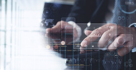 Data science. Man programmer using digital tablet computer analyzing and develop software on futuristic virtual interface screen. Algorithm. digital marketing, big data analysis and management