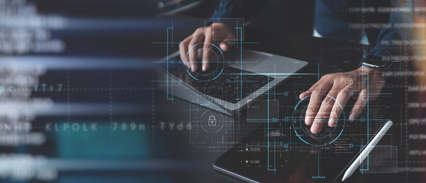 Data protection privacy concept. Cyber security network, Big data management. Man using digital tablet and laptop computer with big data and cyber security system, digital technology