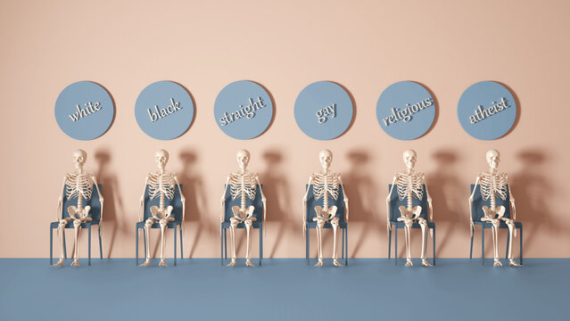 Diversity, ethnicity, sexual orientation, religion, words written on the wall with skeletons sitting on a chair. Beige and blue tones with copy space. Equality concept
