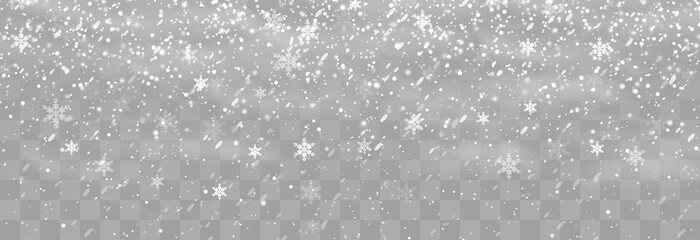 Christmas snow. Falling snowflakes on png background. Vector heavy snowfall. White snowflakes flying in the air. Snow flakes, snow and blizzard. Vector illustration isolated on transparent.