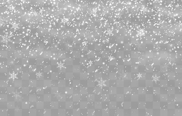 Christmas snow. Falling snowflakes on png background. Vector heavy snowfall. White snowflakes flying in the air. Snow flakes, snow and blizard. Vector illustration isolated on transparent.