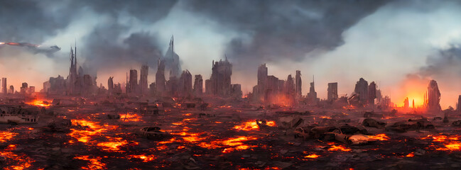 Post apocalypse. Nuclear apocalypse survivor. Ruined Cityscape. Concept. Banner size. Header - obrazy, fototapety, plakaty