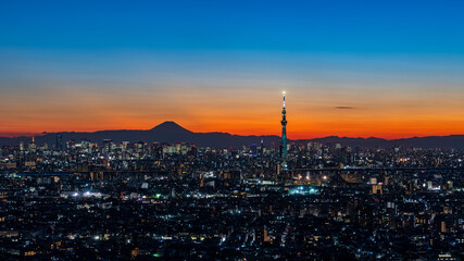 Fototapeta na wymiar Perfect Magic hour image of Tokyo cityscape with Tokyo skytree.