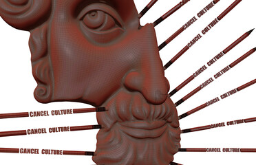 Statue face partially erased by pencils with eraser, metaphorically represents cancel culture and historical revisionism, 3d illustration, 3d rendering
