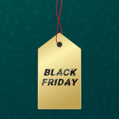 Black Friday vector. Golden shopping tag icon on snow pattern. Snowflake winter background. Gold label for business, sale, advertisement, design, web banner, shop