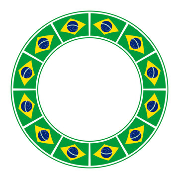 Flag of Brazil, circle frame. Border, made of the repeated national flag of Brazil motif. Blue disc depicting a starry sky spanned by a curved inscribed band, within a yellow rhombus on a green field.