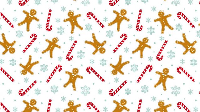 4K Animated Merry Christmas and New Year Pattern Background Design.  Gingerbread Cookies, Candy Canes and Snow Flakes Texture on White Background. Motion Celebration Card or Banner Design Backdrop. 