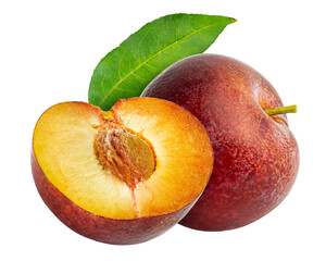Juicy ripe red plum fruit with cut in half and green leaf isolated on white background.