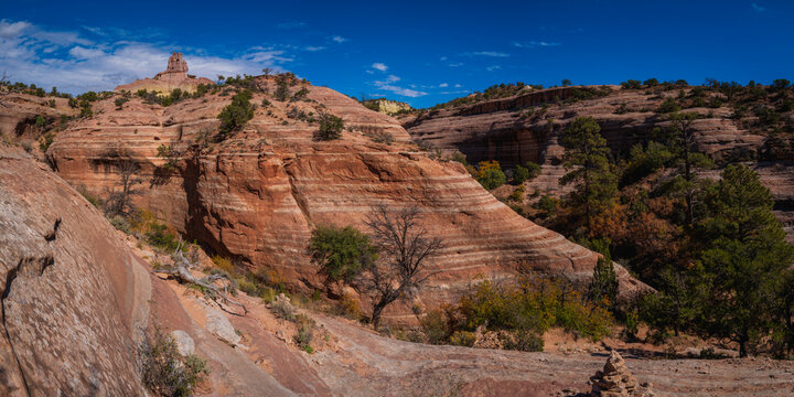 Church Rock and eroded rock walls in Red Rock Park in Gallup, New Mexico