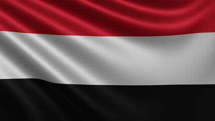 Render of the Yemen flag flutters in the wind close-up, the national flag of Yemen flutters in 4k resolution, close-up, colors: RGB. High quality 3d illustration