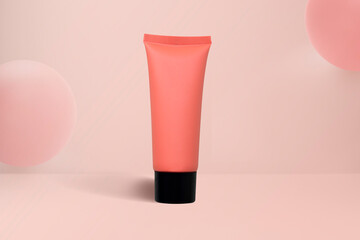 Mock up bottle cosmetic tube pastel pink color background with clipping path