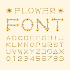 Isolated summer flower font alphabet character with number and symbol, Vector floral wreath ivy style with branch and leaves.