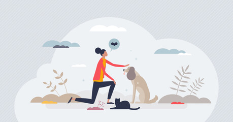 Pet sitter and looking after animals as service offer tiny person concept. Professional woman for dog or cat care while owner is away vector illustration. Female love her job as cute puppy friend.