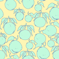 Watercolor painting, vintage seamless pattern - tropical fruits, citrus, slices of lemon, orange,  grapefruit. Splash of paint yellow, red and orange. pattern of mandarin, orange, citrus leaves. Apple