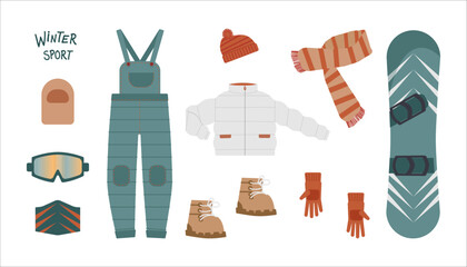 A set of warm clothing for winter sports and snowboarding. Vector illustration on white background.