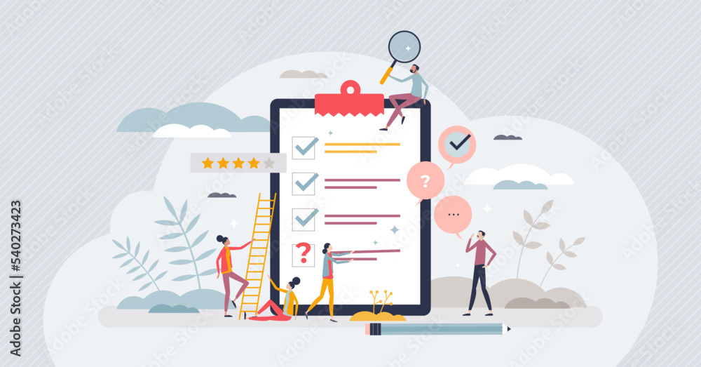 Poster survey quality test from customer for effective feedback tiny person concept. satisfaction evaluatio