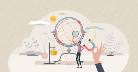 History of science with ancient scientific development tiny person concept. Old time scientific observations and nature understanding using complex research and learning tools vector illustration.