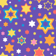 Fototapeta premium Star of David seamless pattern in bright colours on purple background Vector illustration for Hanukkah holiday, wrapping paper, textile, fabric and packaging decoration