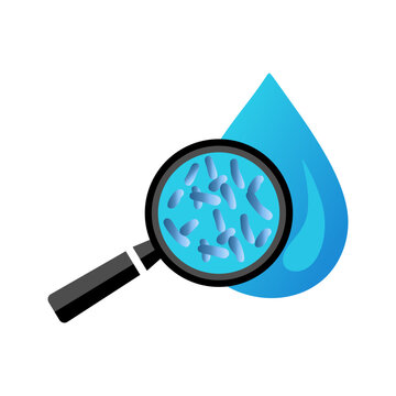 Water Drop With Magnifier And Bacterium Legionella. Symbol Of Legionella Water Test. Icon Of Legionnaire Disease. Vector Illustration Eps10