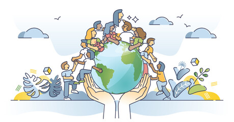 Population of the world and global social human community outline concept. Various ethnic, racial and cultural differences and many society groups in one globe vector illustration. Civil solidarity.
