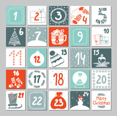 Christmas Advent calendar with hand drawn elements. Christmas poster.