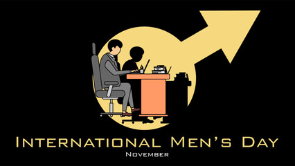 Vector with International Men's Day lettering - with illustration of a working man - can be used as a greeting illustration cartoon poster - wallpaper backround copy space on November 19th