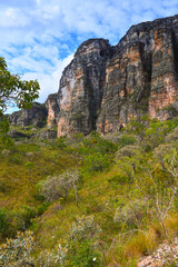 Rugged cliffs and cerrado vegetation on the entrance to the Cânion do Funil canyon, Presidente Kubitschek, Minas Gerais state, Brazil