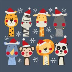 Illustration of different jungle animals with Santa Claus hat and snowflakes
